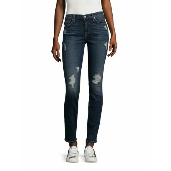 7 For All Mankind Denim - 7 for all mankind gwenevere mid rise distressed skinny jeans dark phoenix 26